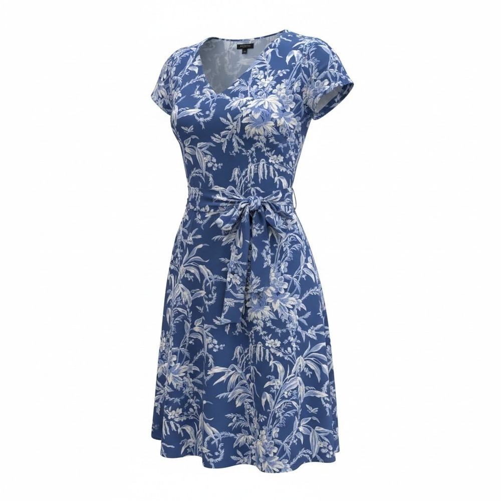Talbots Petite Blue White Floral Toile Fit & Flare V-Neck Belted Dress 4P - Picture 2 of 4